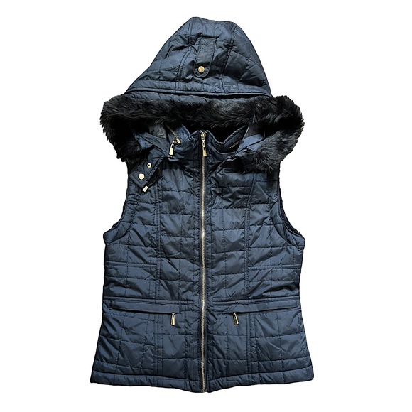 Daisy Jackets & Blazers - Daisy Fashion Navy Blue Fuzzy Lined Vest Removable Hood Women’s Size Large